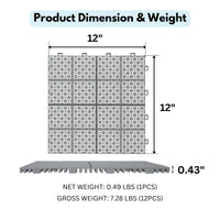 Heavy Duty 12x12 Interlocking Waterproof Patio Tiles for Outdoor Spaces - Anti-Slip Snap Together Flooring Gray Pack of 12