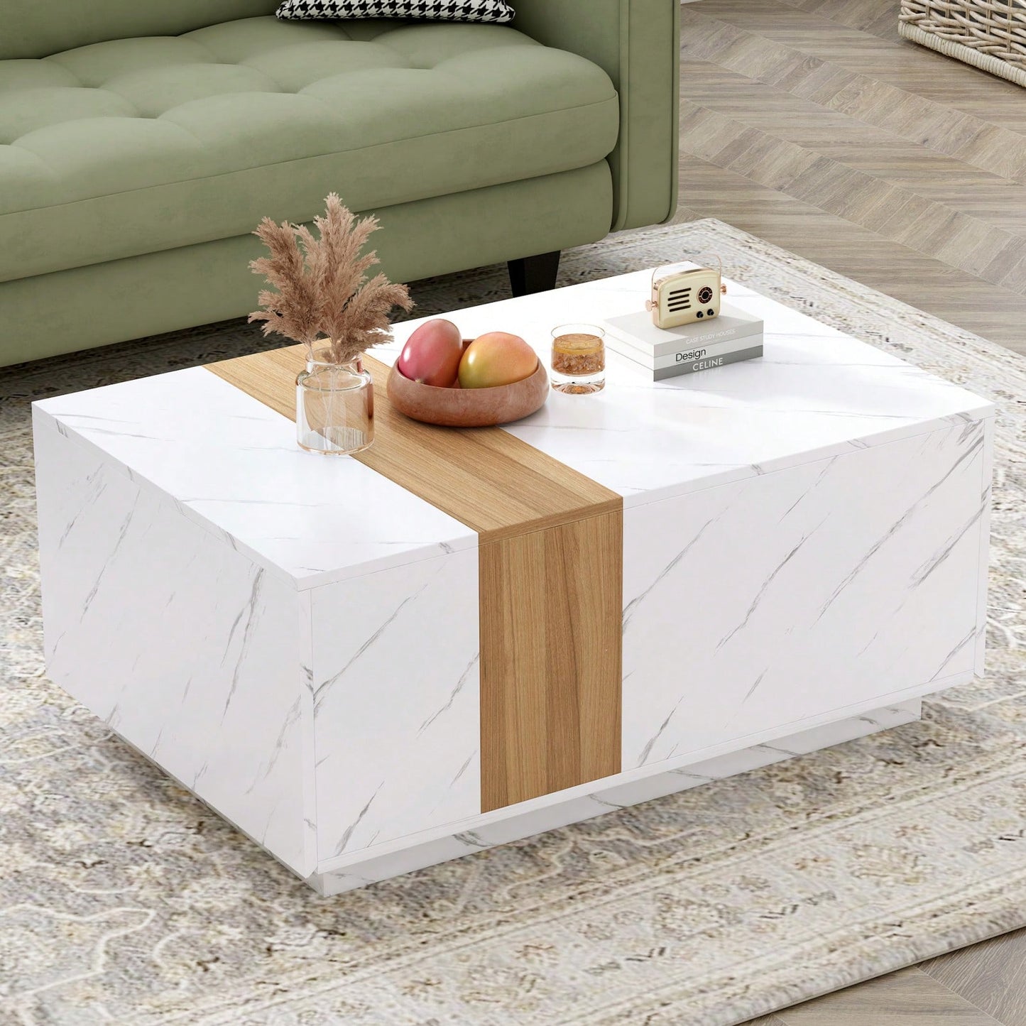 Stylish Two-Tone Rectangular Coffee Table with Faux Marble Top and Walnut Finish, Features 2 Storage Drawers for Living Room