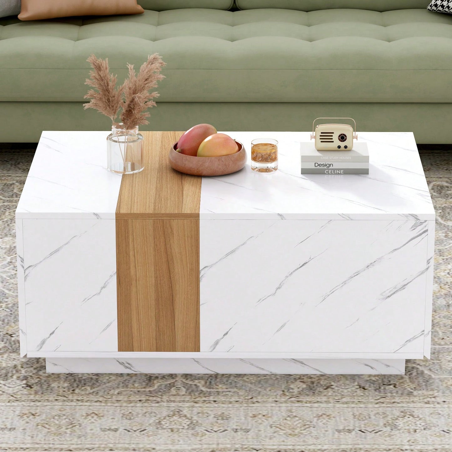 Stylish Two-Tone Rectangular Coffee Table with Faux Marble Top and Walnut Finish, Features 2 Storage Drawers for Living Room