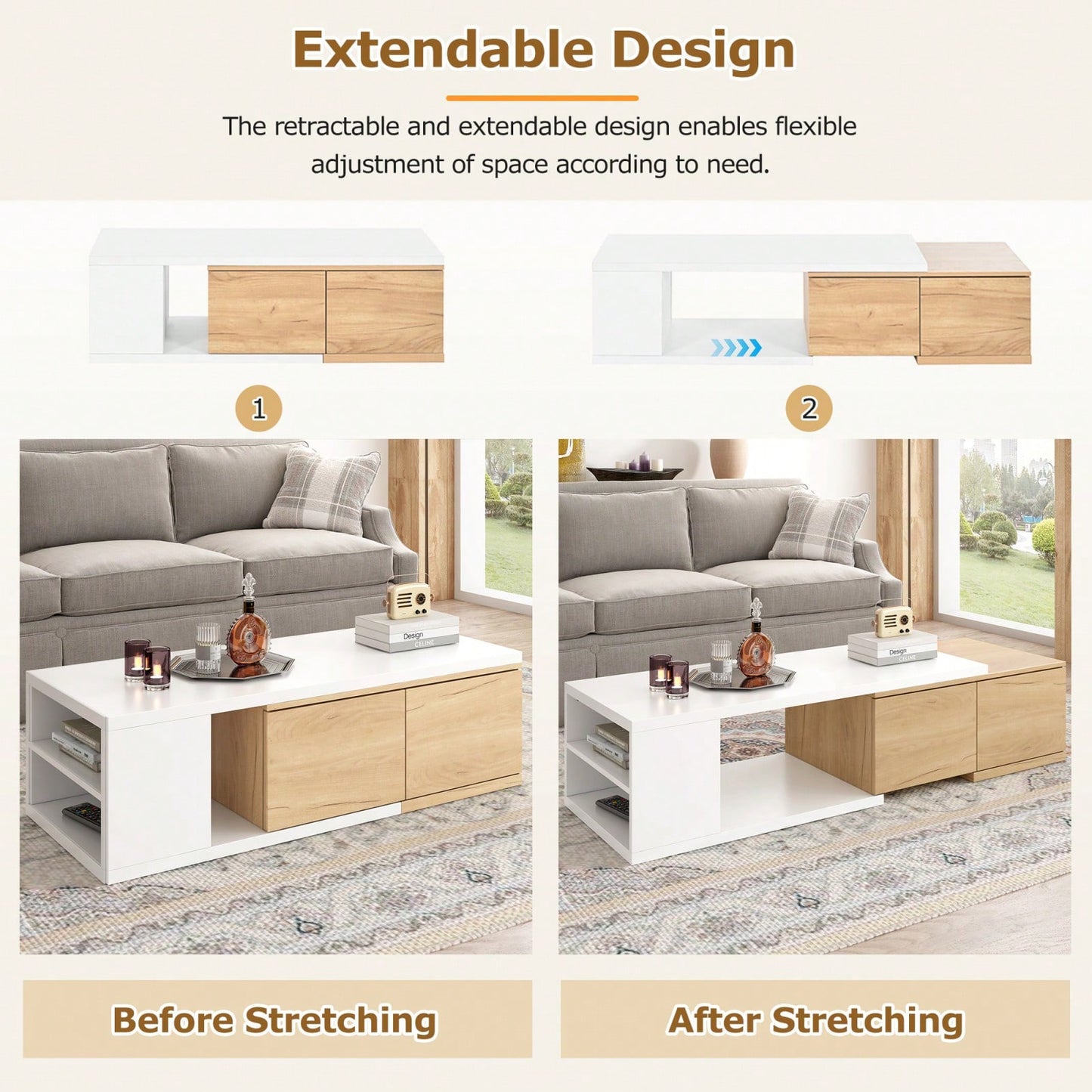 Extendable Dual-Tone Coffee Table with Hidden Storage Drawers for Living Room