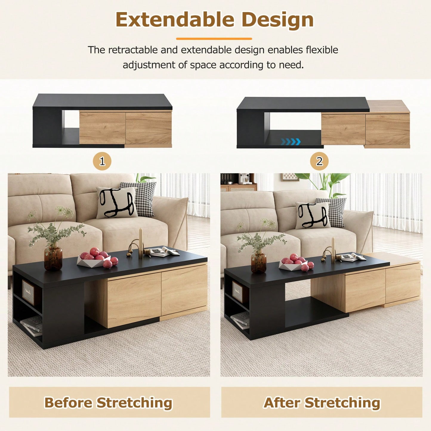 Extendable Dual-Tone Coffee Table with Hidden Storage Drawers for Living Room