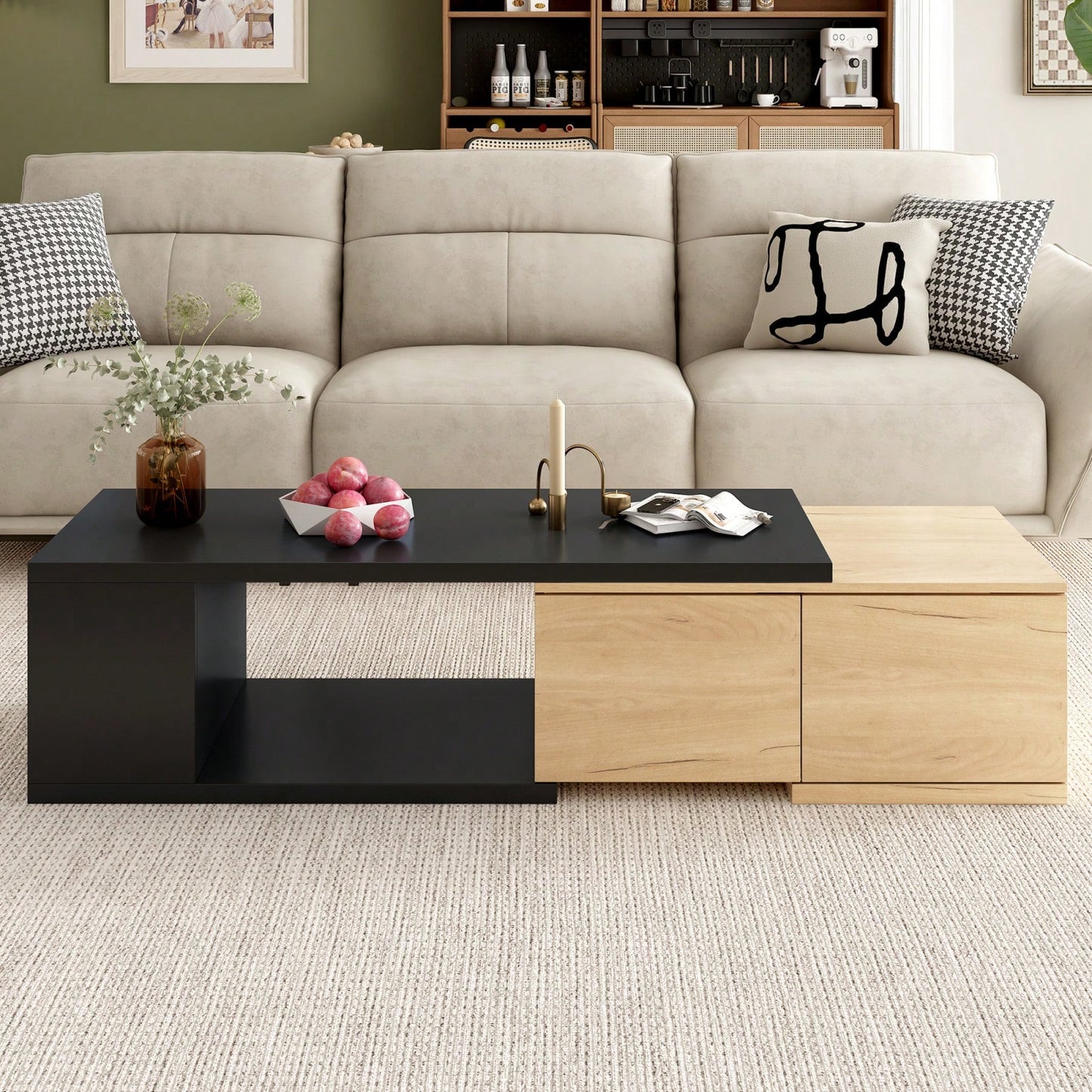 Extendable Dual-Tone Coffee Table with Hidden Storage Drawers for Living Room