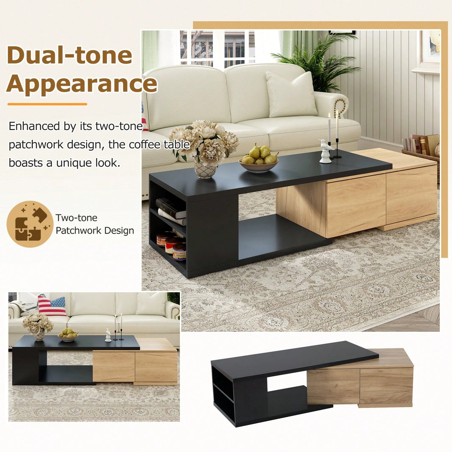 Extendable Dual-Tone Coffee Table with Hidden Storage Drawers for Living Room