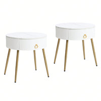 Set of 2 Modern End Tables with High Gloss Faux Marble Tops and Gold Legs, Stylish Round Side Tables with Drawers for Living Room