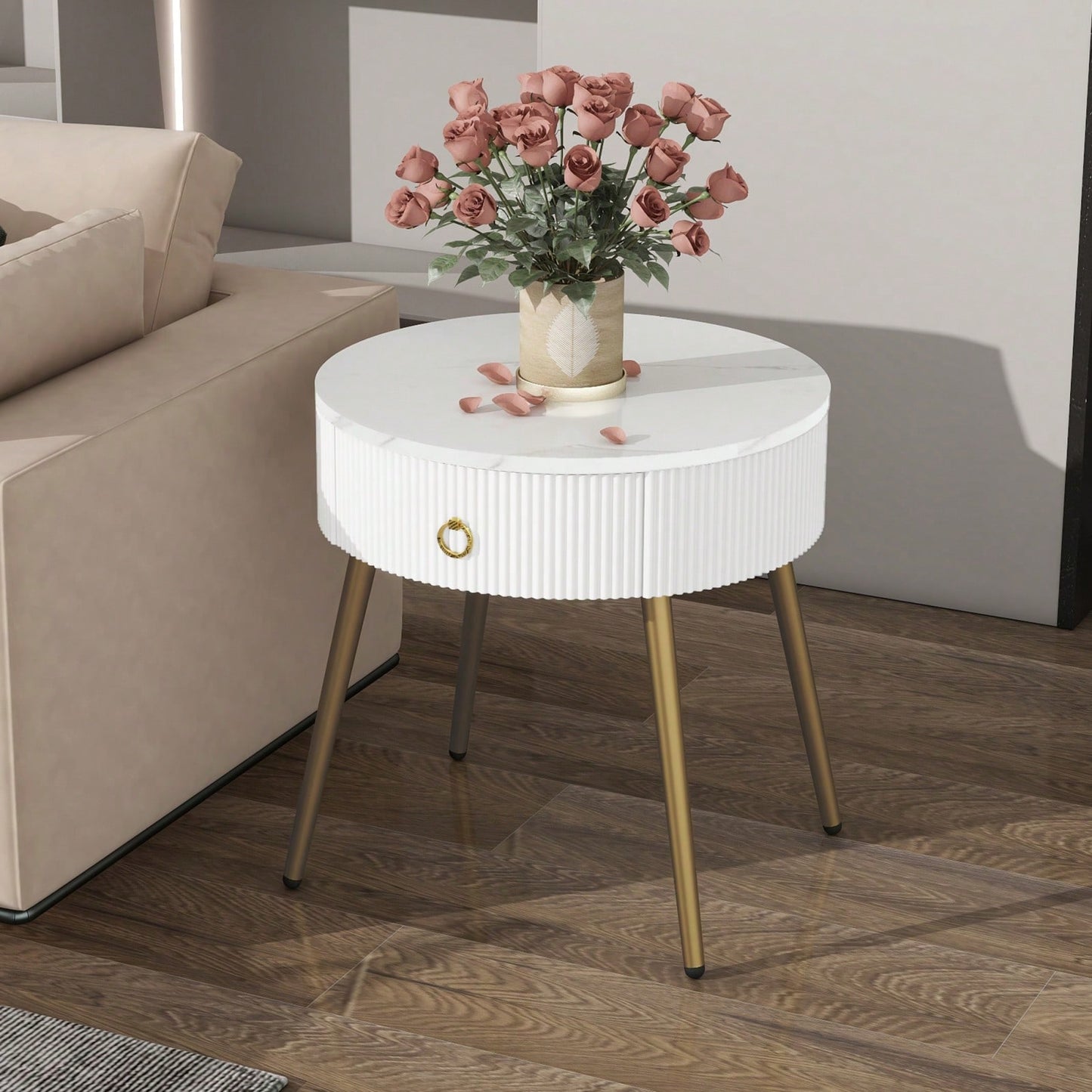 Set of 2 Modern End Tables with High Gloss Faux Marble Tops and Gold Legs, Stylish Round Side Tables with Drawers for Living Room