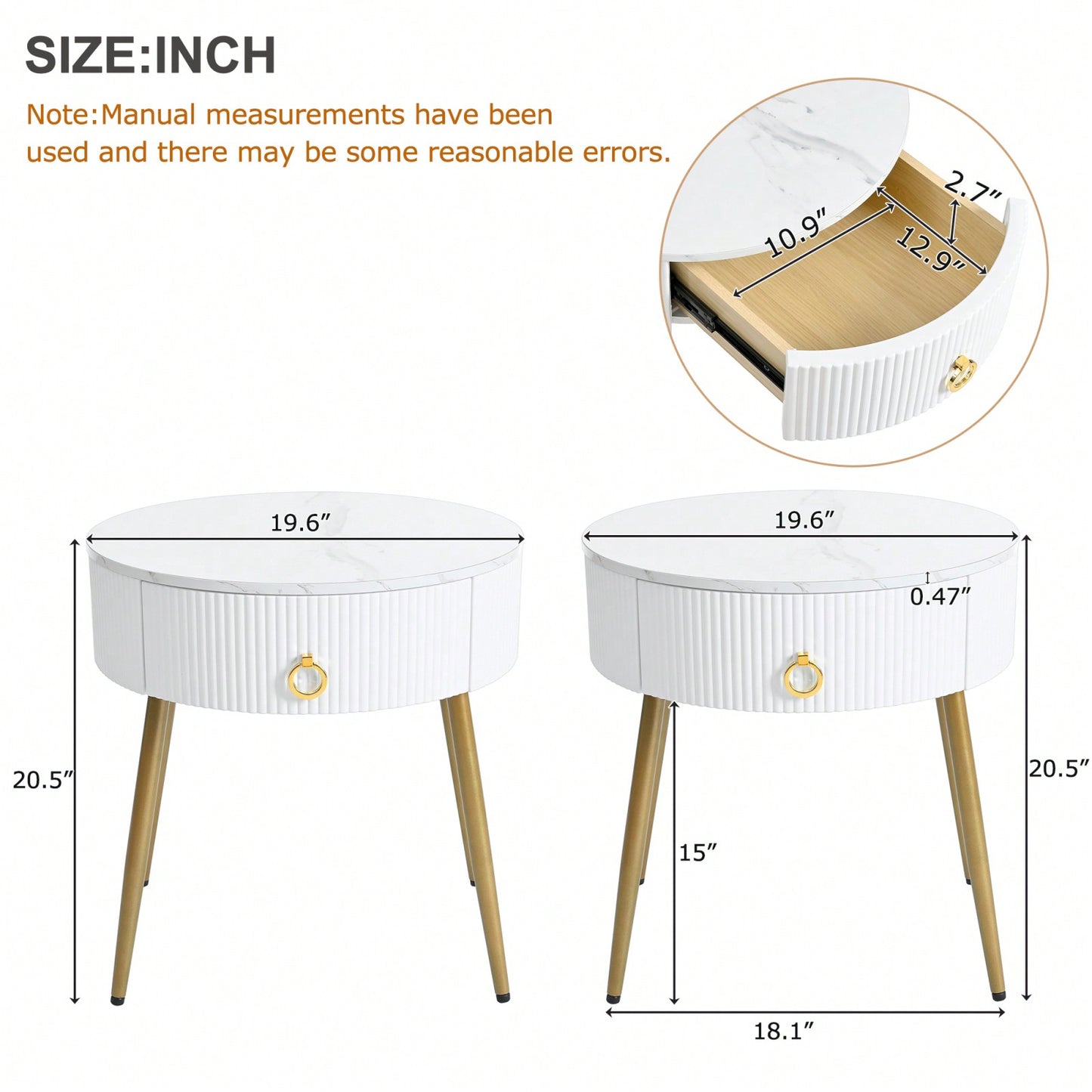 Set of 2 Modern End Tables with High Gloss Faux Marble Tops and Gold Legs, Stylish Round Side Tables with Drawers for Living Room