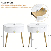 Set of 2 Modern End Tables with High Gloss Faux Marble Tops and Gold Legs, Stylish Round Side Tables with Drawers for Living Room