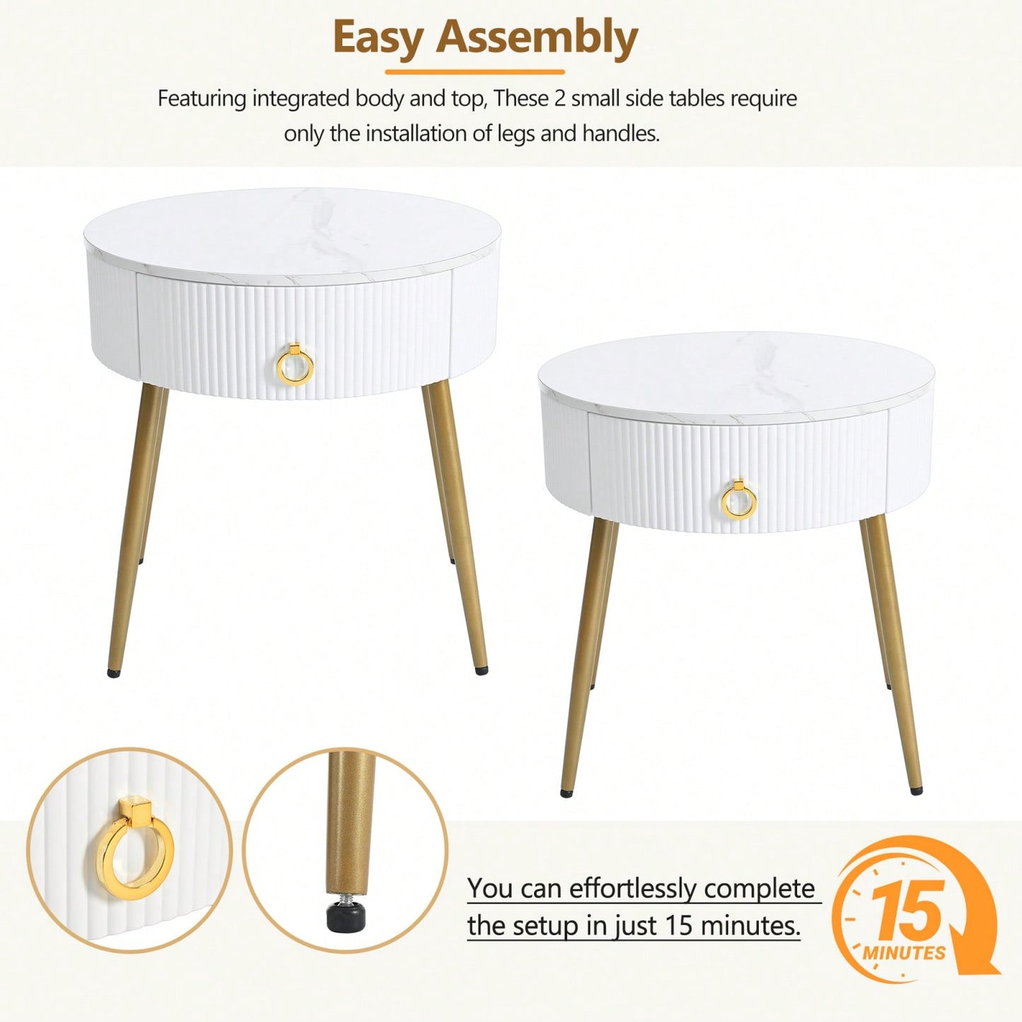 Set of 2 Modern End Tables with High Gloss Faux Marble Tops and Gold Legs, Stylish Round Side Tables with Drawers for Living Room