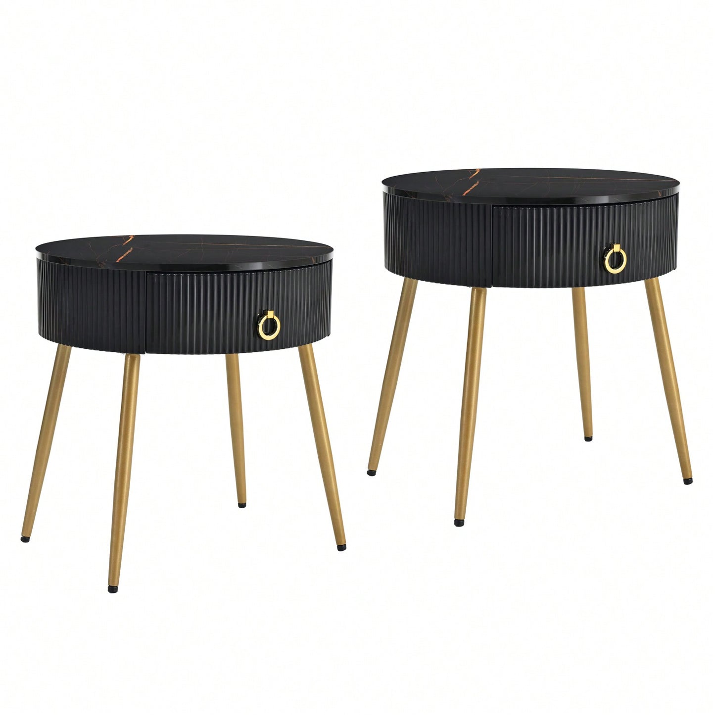 Set of 2 Modern End Tables with High Gloss Faux Marble Tops and Gold Legs, Stylish Round Side Tables with Drawers for Living Room