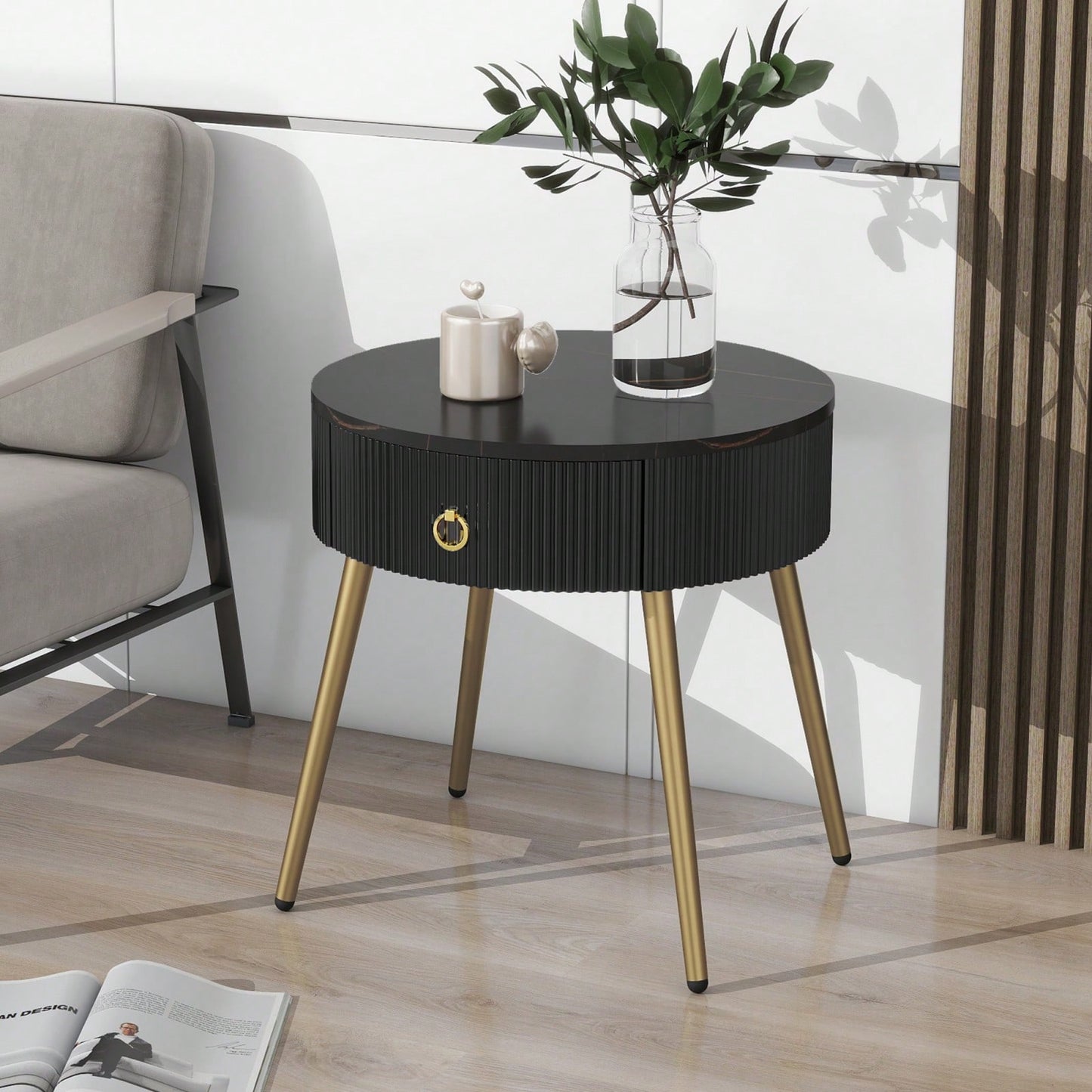 Set of 2 Modern End Tables with High Gloss Faux Marble Tops and Gold Legs, Stylish Round Side Tables with Drawers for Living Room