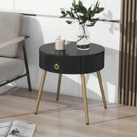 Set of 2 Modern End Tables with High Gloss Faux Marble Tops and Gold Legs, Stylish Round Side Tables with Drawers for Living Room