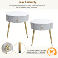 Set of 2 Modern End Tables with High Gloss Faux Marble Tops and Gold Legs, Stylish Round Side Tables with Drawers for Living Room