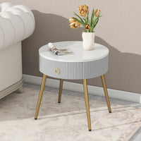 Set of 2 Modern End Tables with High Gloss Faux Marble Tops and Gold Legs, Stylish Round Side Tables with Drawers for Living Room