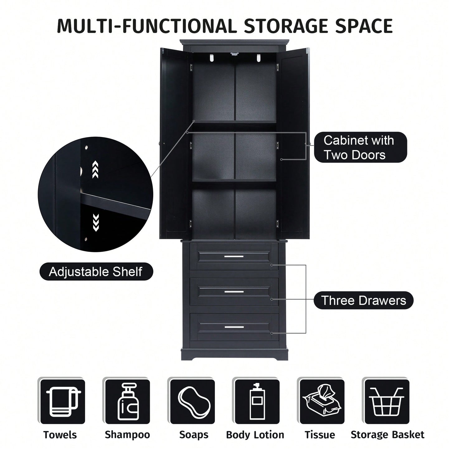 Tall Storage Cabinet With Three Drawers For Bathroom/Office, MDF, Adjustable Shelf, Anti-Dumping Device