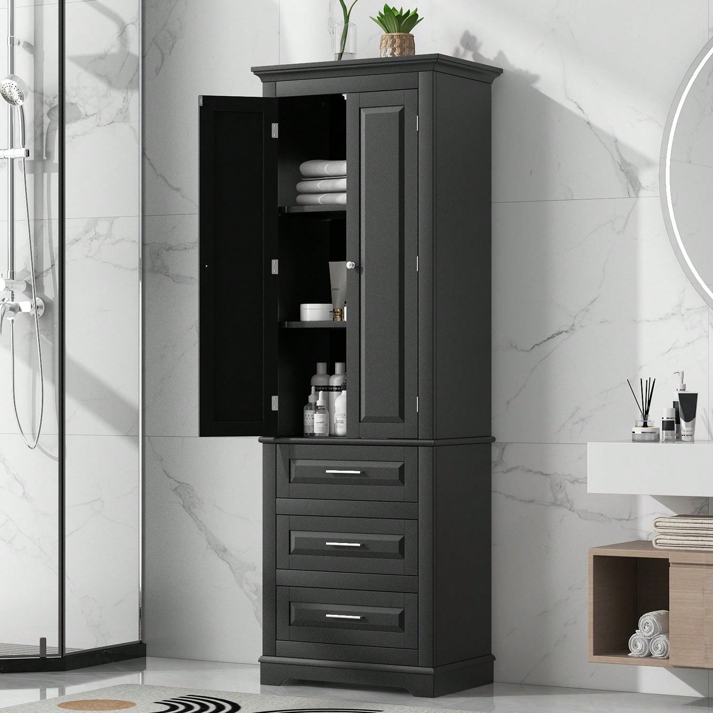 Tall Storage Cabinet With Three Drawers For Bathroom/Office, MDF, Adjustable Shelf, Anti-Dumping Device