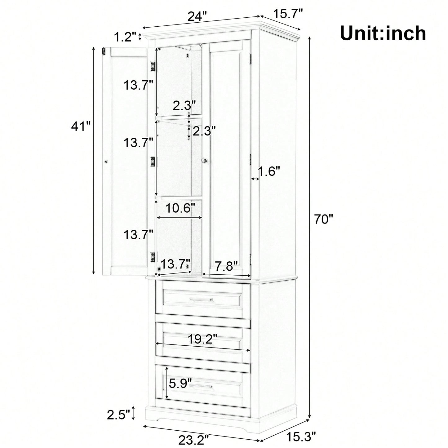 Tall Storage Cabinet With Three Drawers For Bathroom/Office, MDF, Adjustable Shelf, Anti-Dumping Device