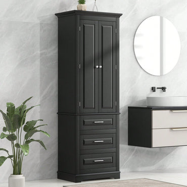 Tall Storage Cabinet With Three Drawers For Bathroom/Office, MDF, Adjustable Shelf, Anti-Dumping Device