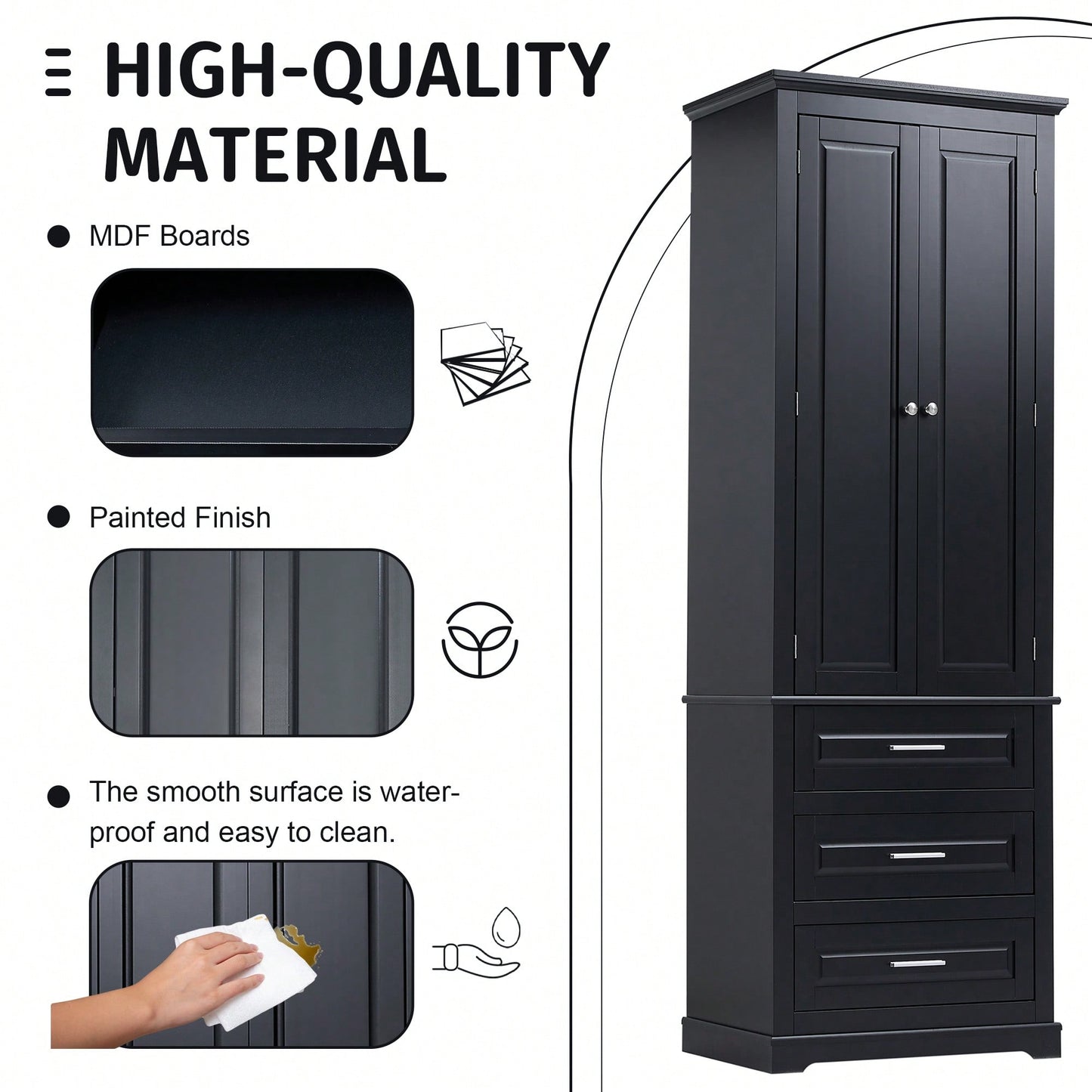 Tall Storage Cabinet With Three Drawers For Bathroom/Office, MDF, Adjustable Shelf, Anti-Dumping Device