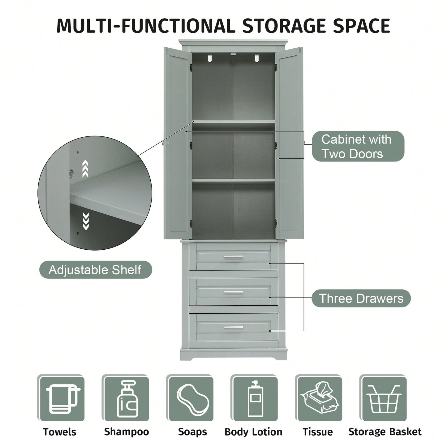 Tall Storage Cabinet With Three Drawers For Bathroom/Office, MDF, Adjustable Shelf, Anti-Dumping Device