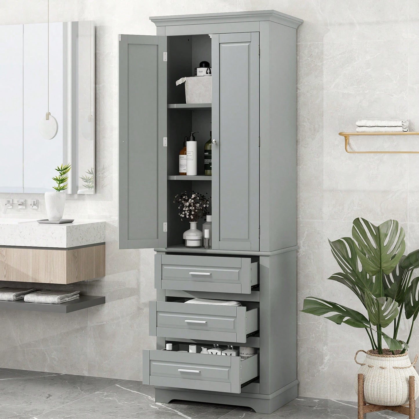 Tall Storage Cabinet With Three Drawers For Bathroom/Office, MDF, Adjustable Shelf, Anti-Dumping Device