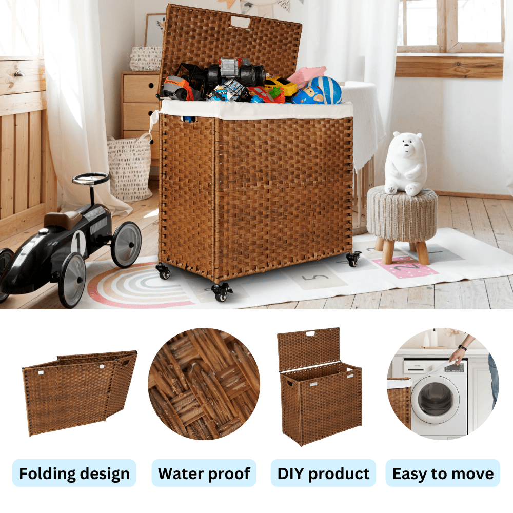 160L Laundry Hamper With Lid, Removable Bags, Wheels