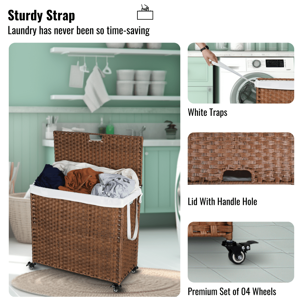 160L Laundry Hamper With Lid, Removable Bags, Wheels