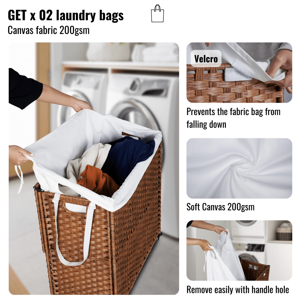 160L Laundry Hamper With Lid, Removable Bags, Wheels