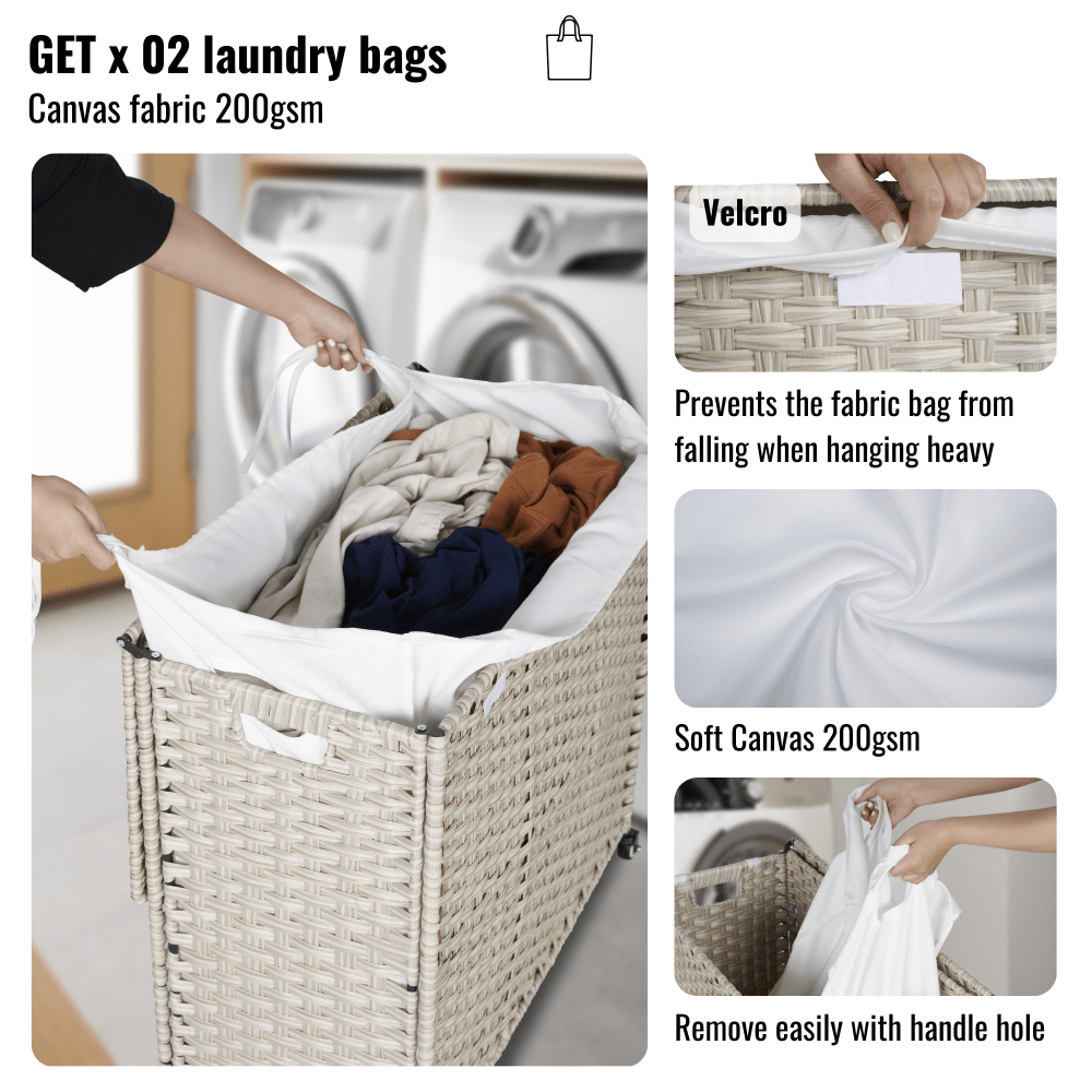 160L Laundry Hamper With Lid, Removable Bags, Wheels