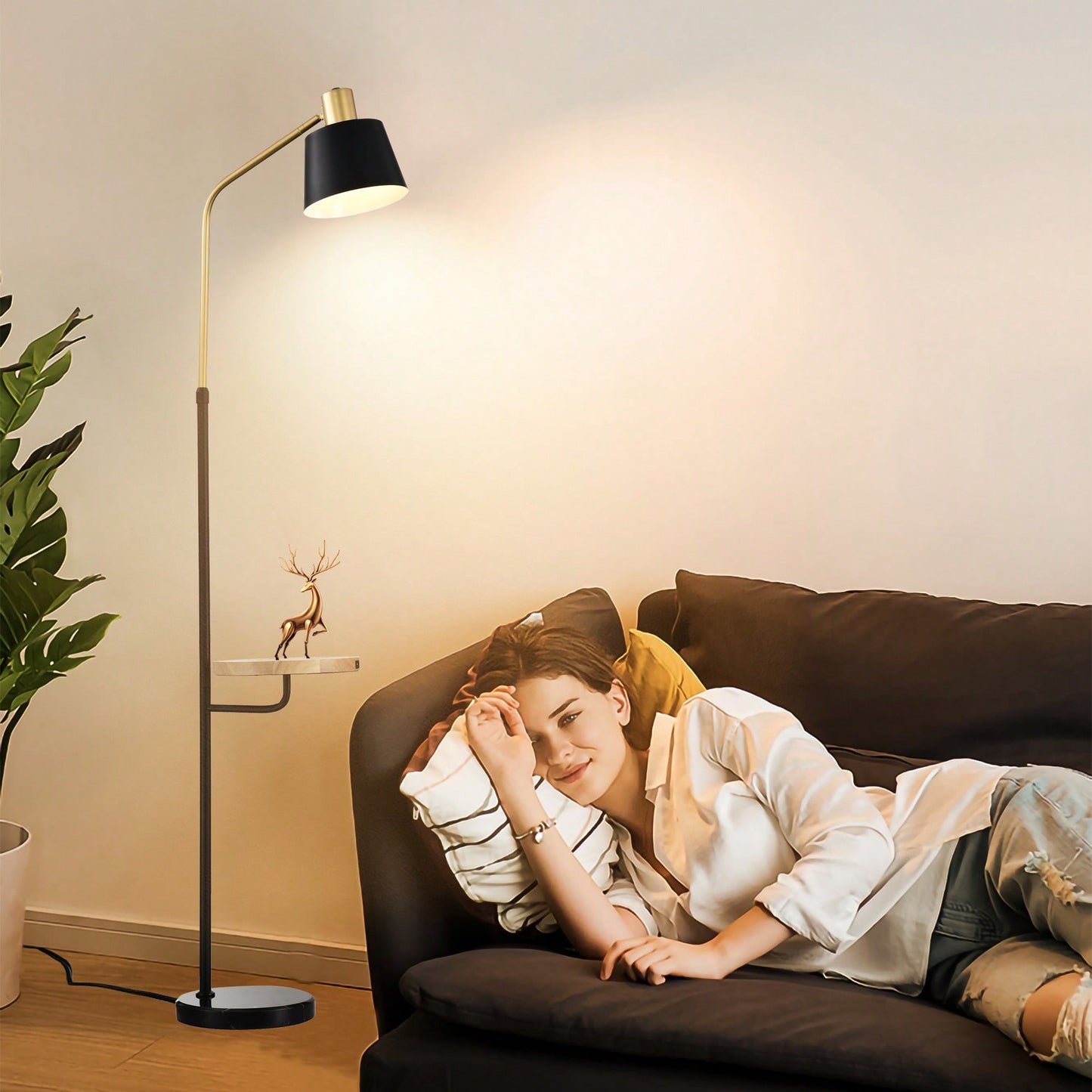 Modern Floor Lamp With Wood Bedside Nightstand End Table And Built-In USB Charging Port For Living Room Sofas Bedroom