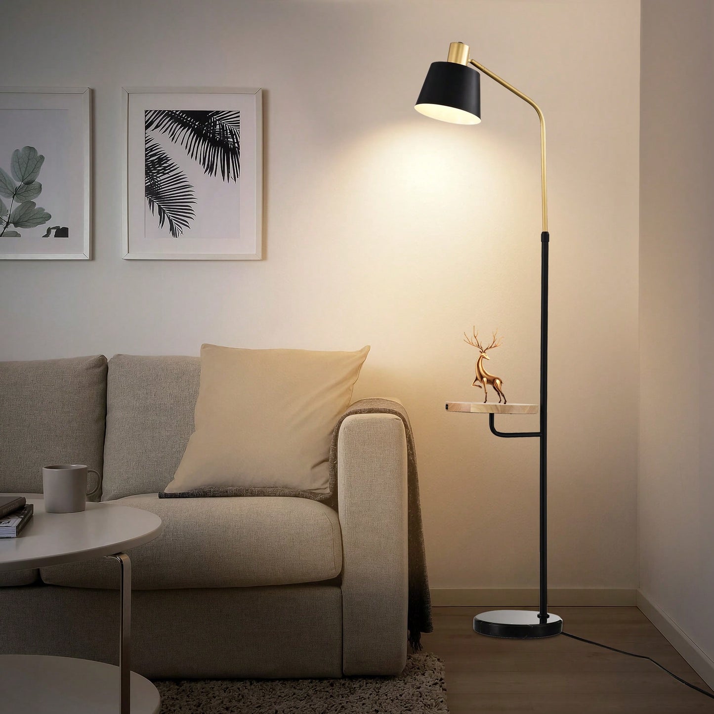 Modern Floor Lamp With Wood Bedside Nightstand End Table And Built-In USB Charging Port For Living Room Sofas Bedroom