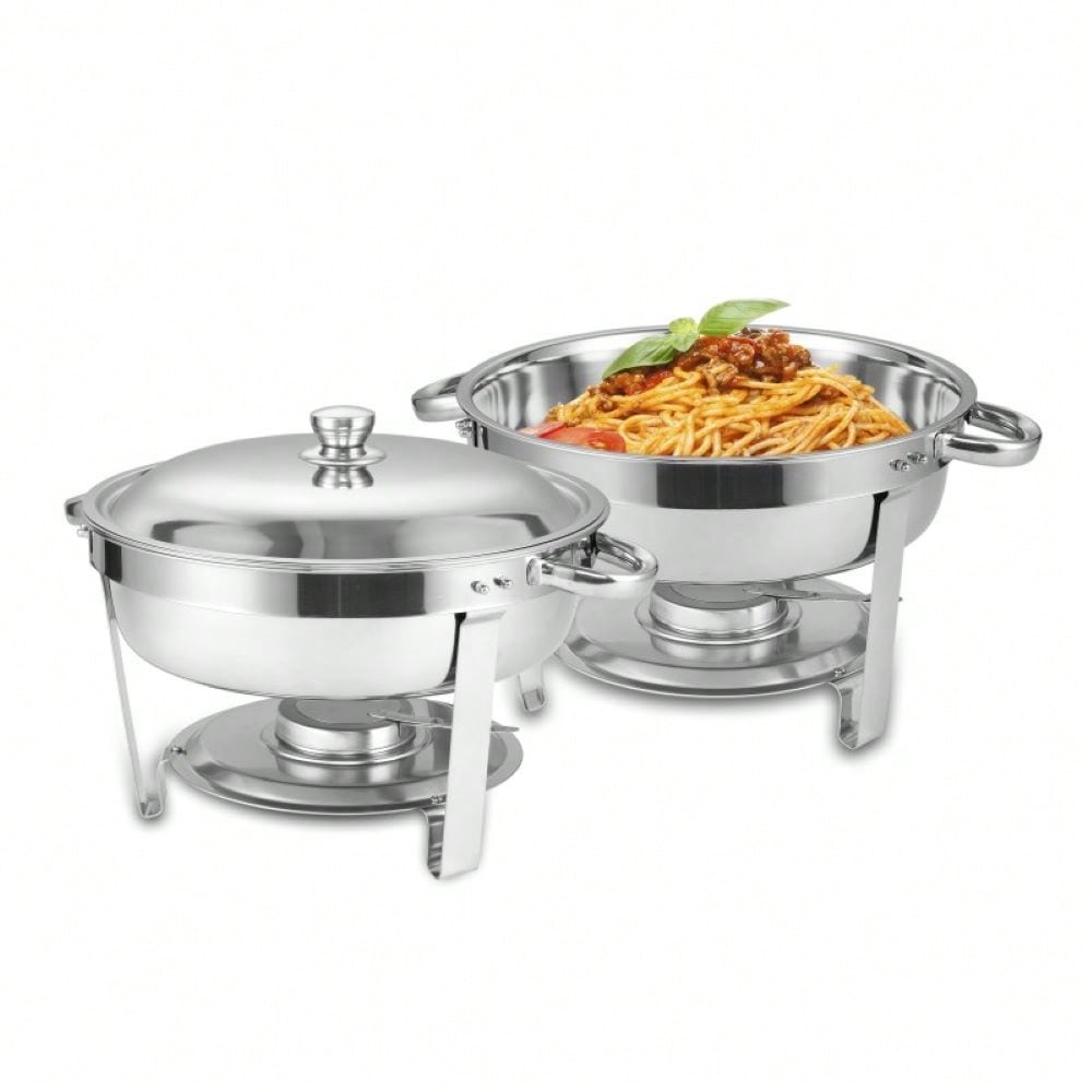 5 QT Round Chafing Dishes Set of 2 with Lids and Fuel Holders for Catering Events and Home Use Stainless Steel Food Warmers