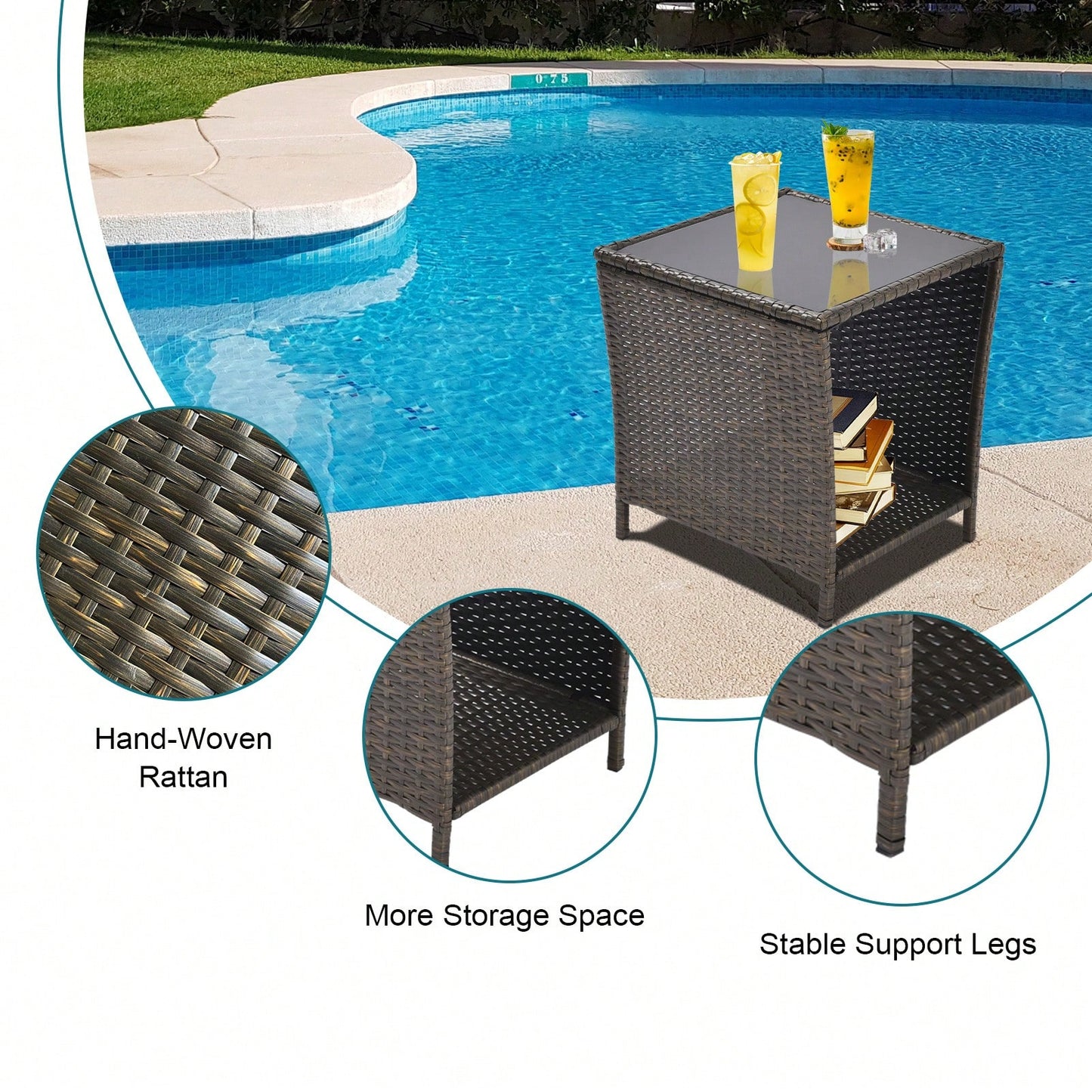 All-Weather Rattan Outdoor Side Table with Storage Shelf for Garden Porch Backyard Pool Indoor Use Black Gold