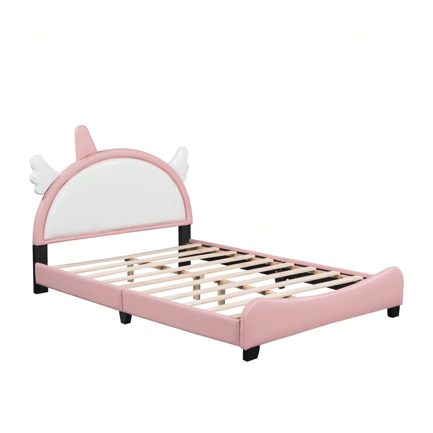 Upholstered Pink and White Full Size Platform Bed with Headboard and Footboard for Girls No Box Spring Needed 400 lbs Capacity