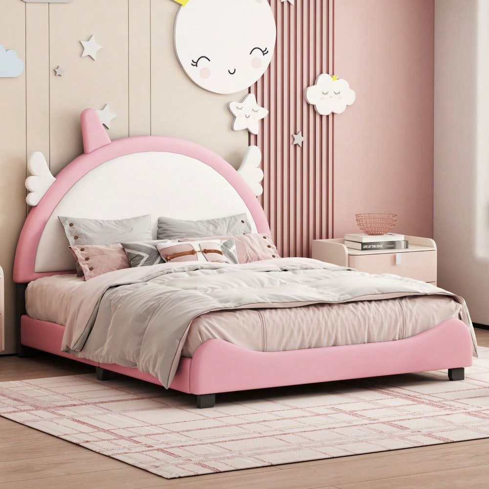 Upholstered Pink and White Full Size Platform Bed with Headboard and Footboard for Girls No Box Spring Needed 400 lbs Capacity