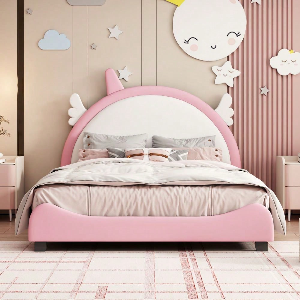 Upholstered Pink and White Full Size Platform Bed with Headboard and Footboard for Girls No Box Spring Needed 400 lbs Capacity