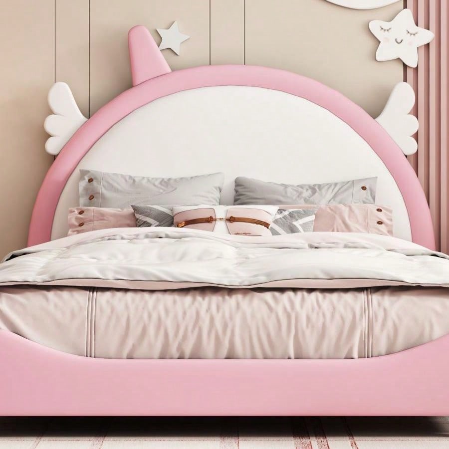 Upholstered Pink and White Full Size Platform Bed with Headboard and Footboard for Girls No Box Spring Needed 400 lbs Capacity