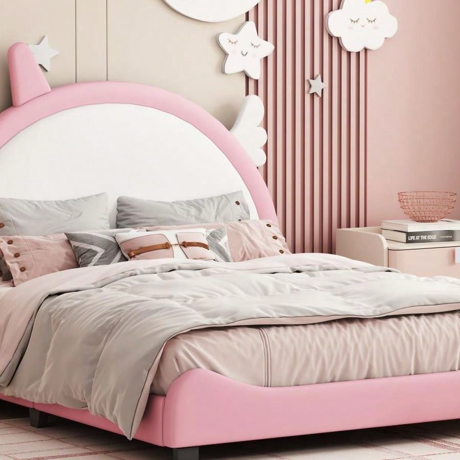 Upholstered Pink and White Full Size Platform Bed with Headboard and Footboard for Girls No Box Spring Needed 400 lbs Capacity