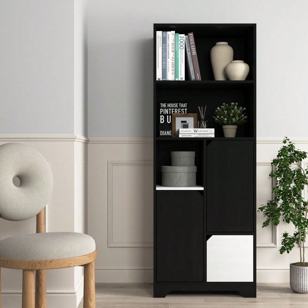 3-Shelf Storage Cabinet With Drawer, Black, For Kitchen, Dining Room, Bathroom, Laundry, Living Room