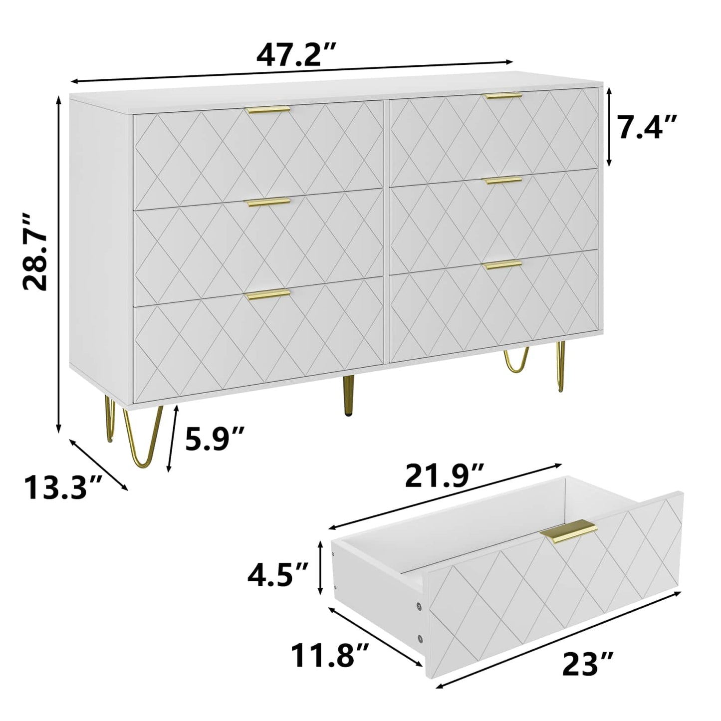 Modern Dresser With 6 Deep Drawers, Stylish Bedroom Furniture With Gold Handles, Large Storage Chest For Bedroom, Living Room, Hallway