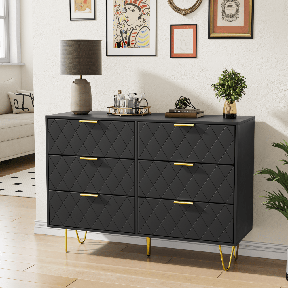 Modern Dresser With 6 Deep Drawers, Stylish Bedroom Furniture With Gold Handles, Large Storage Chest For Bedroom, Living Room, Hallway