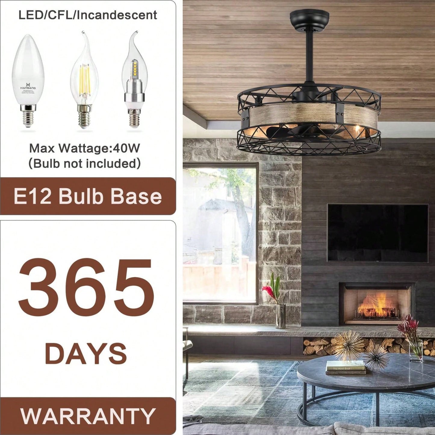 20.5 Inch Modern Caged Ceiling Fan with Remote Control 3 Speed Reversible Quiet Farmhouse Ceiling Fan for Bedroom and Living Room