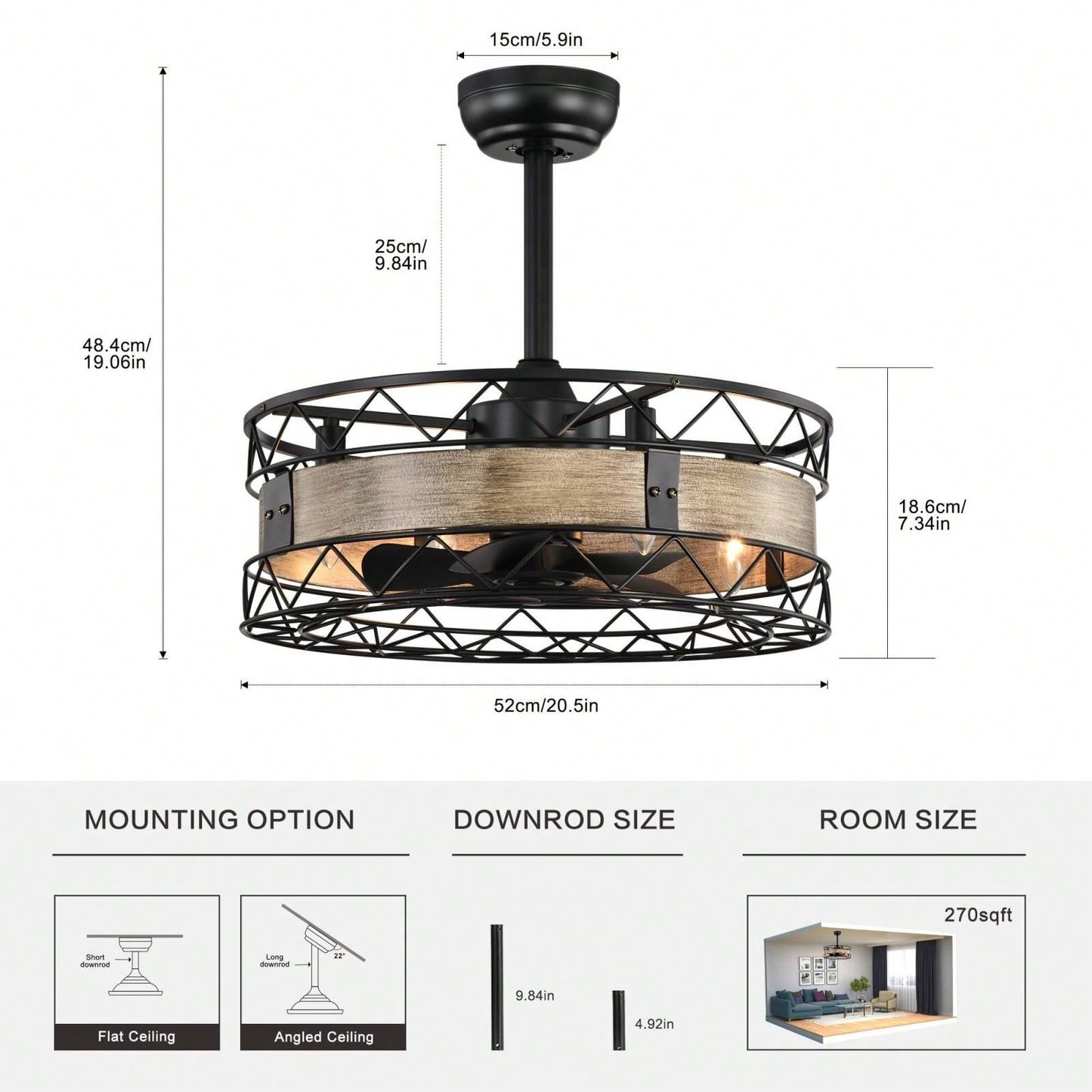 20.5 Inch Modern Caged Ceiling Fan with Remote Control 3 Speed Reversible Quiet Farmhouse Ceiling Fan for Bedroom and Living Room