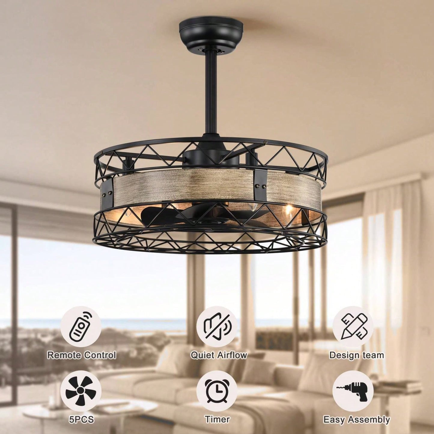 20.5 Inch Modern Caged Ceiling Fan with Remote Control 3 Speed Reversible Quiet Farmhouse Ceiling Fan for Bedroom and Living Room