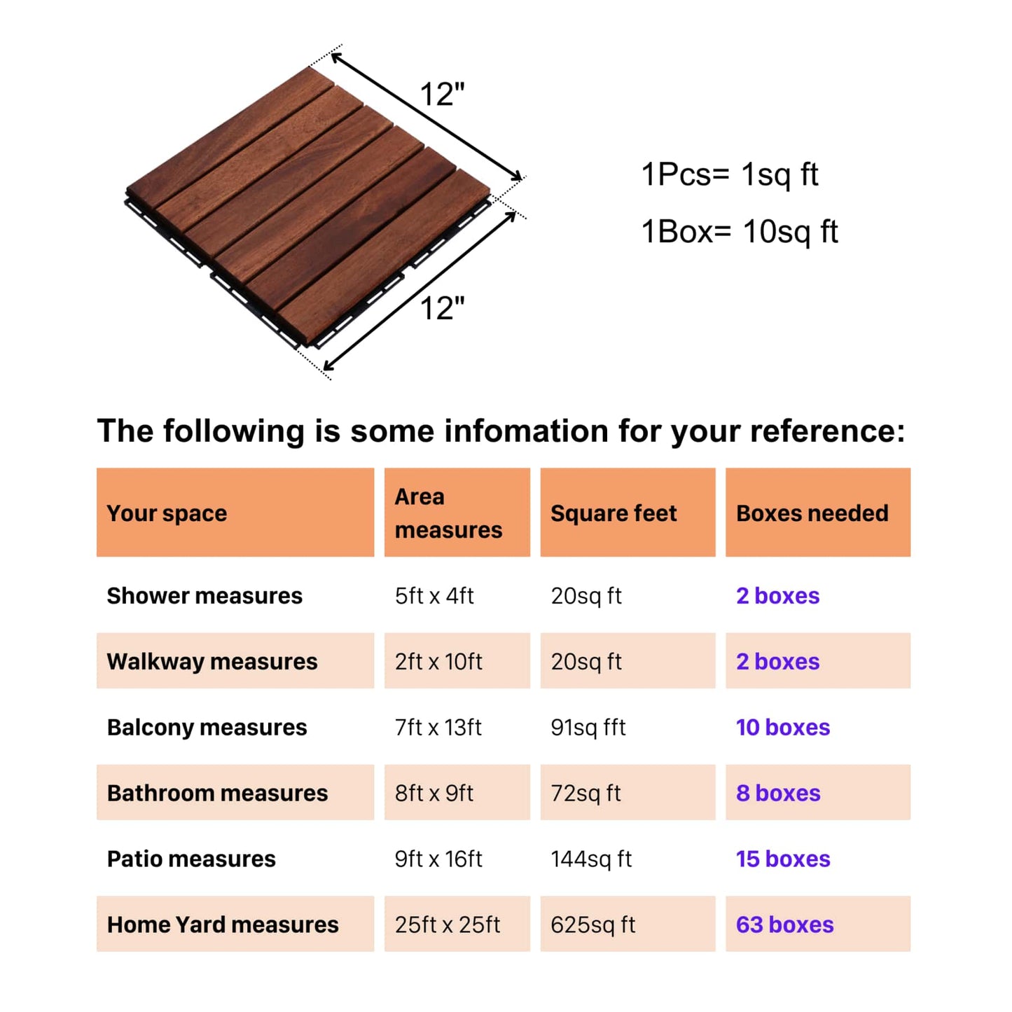 10 PCS Interlocking Deck Tiles Striped Pattern, 12" X 12" Square Acacia Hardwood Outdoor Flooring For Patio, Bancony, Pool Side, Porch