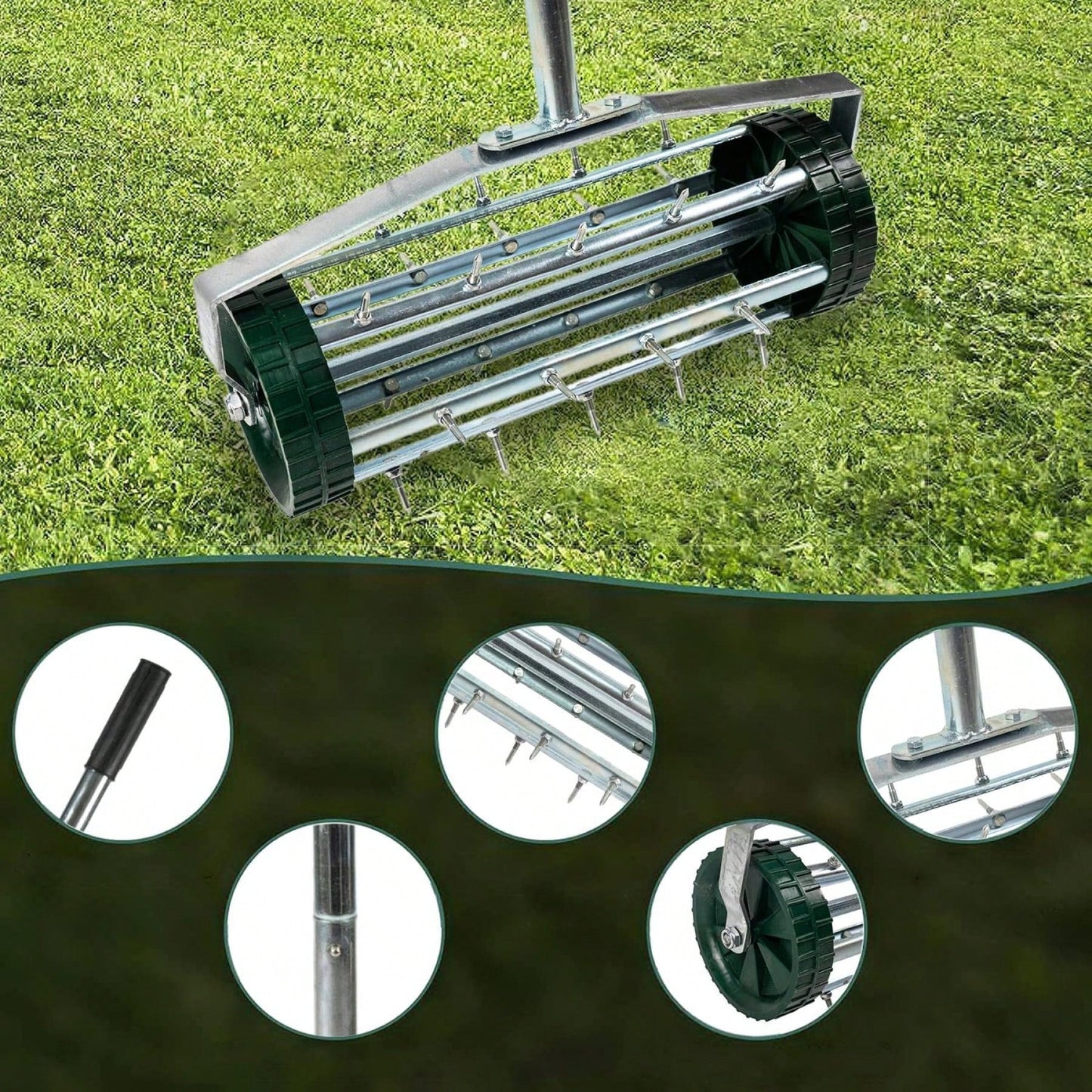 Heavy Duty Rotary Lawn Aerator with Long Steel Handle for Effective Soil Aeration and Grass Care