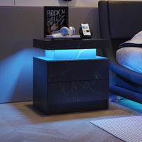 Nightstand LED Bedside Table Cabinet Lights Modern End Side with 2 Drawers for Bedroom (Black Gold)