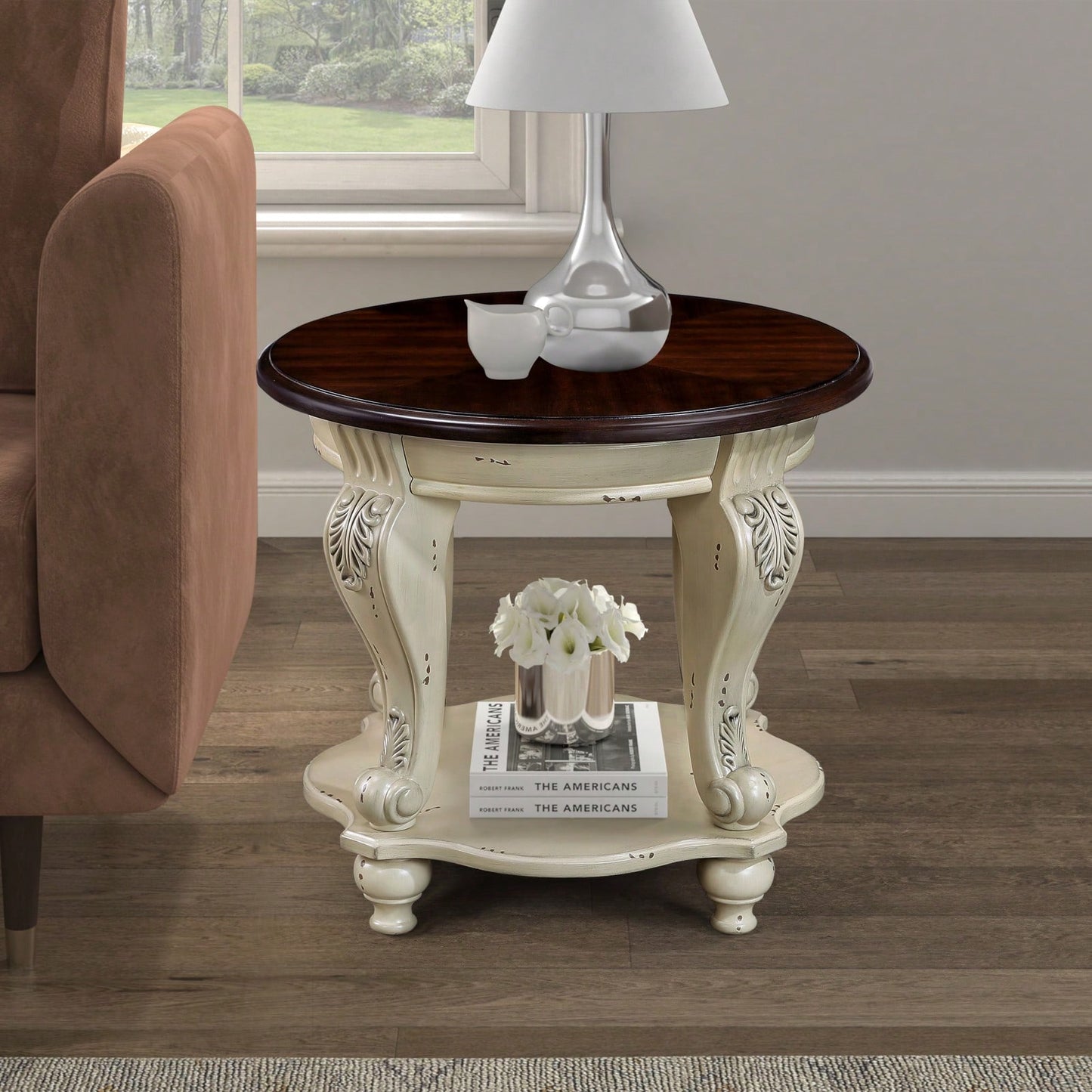 22'' Retro Round End Table – Solid Wood With Shelf, Easy Assembly