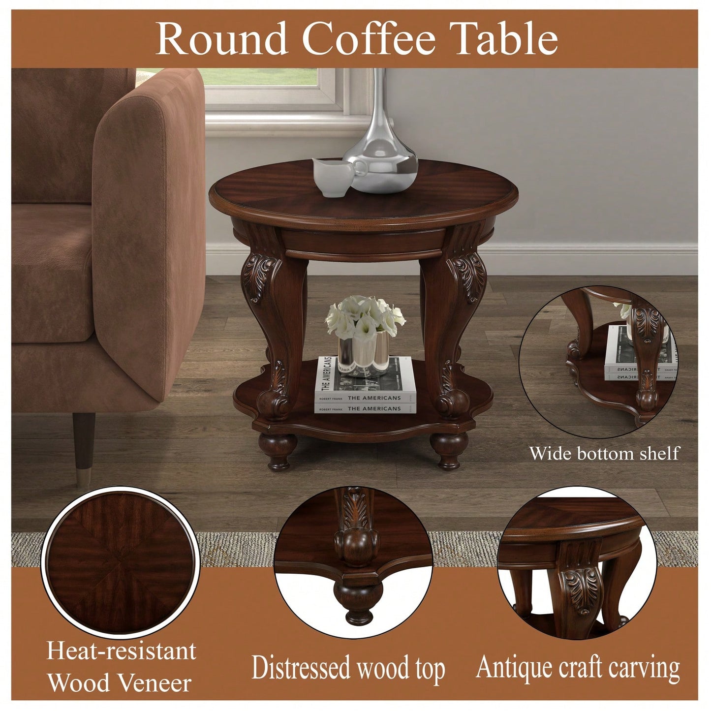 22'' Retro Round End Table – Solid Wood With Shelf, Easy Assembly