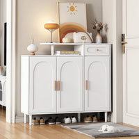 Elegant Cream Shoe Cabinet with Arched Doors and Drawer Adjustable Shelves Solid Wood Legs for Entryway Living Room Storage