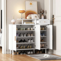 Elegant Cream Shoe Cabinet with Arched Doors and Drawer Adjustable Shelves Solid Wood Legs for Entryway Living Room Storage